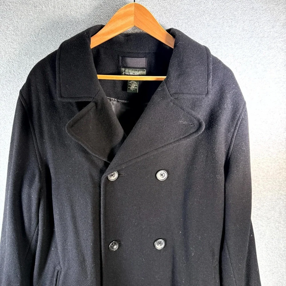 Eddie Bauer Peacoat Men's Large Tall LT Black Wool Double-Breasted Notch Lapel‎